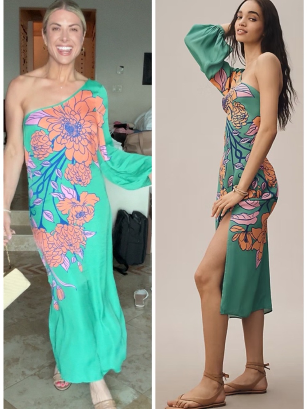 Farm Rio x Anthropologie One- Shoulder Printed Midi Dress Green SZ XL